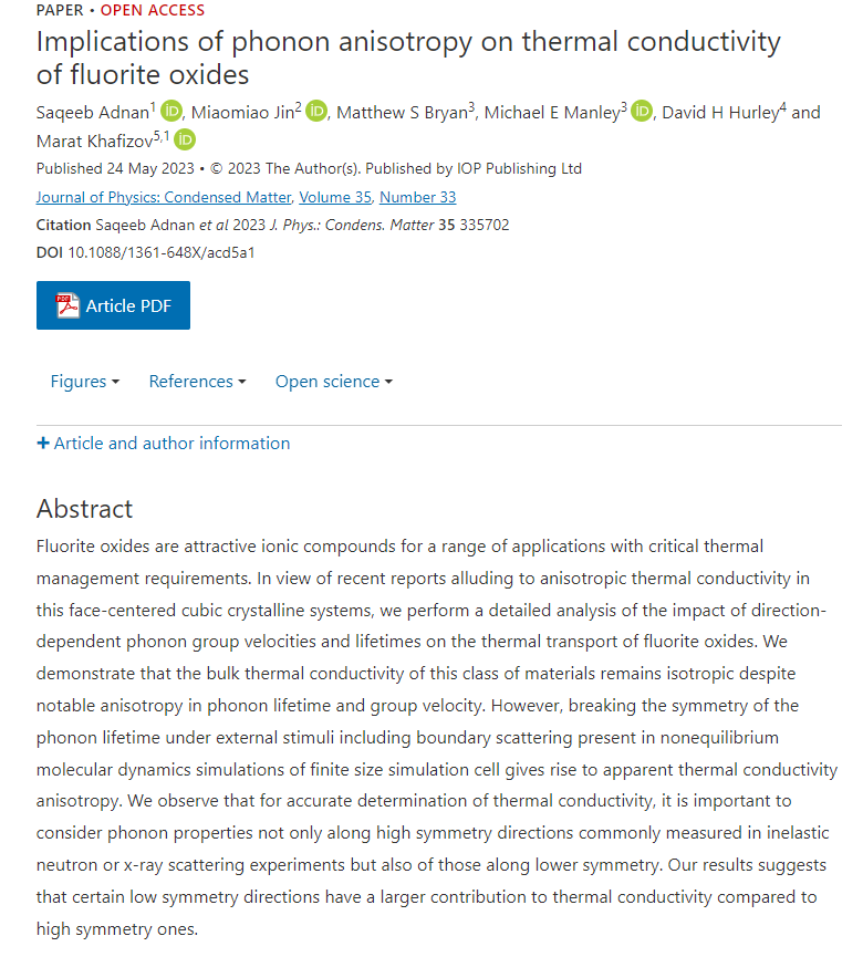 JPhysCM's tweet photo. 📢Another new #OpenAccess article in #JPCM! Read more about 'Implications of phonon anisotropy on thermal conductivity of fluorite oxides' 🔬 here: https://t.co/2nkmu5KgB6 @IOPmaterials @IOPPublishing https://t.co/vvx6otGXhU
