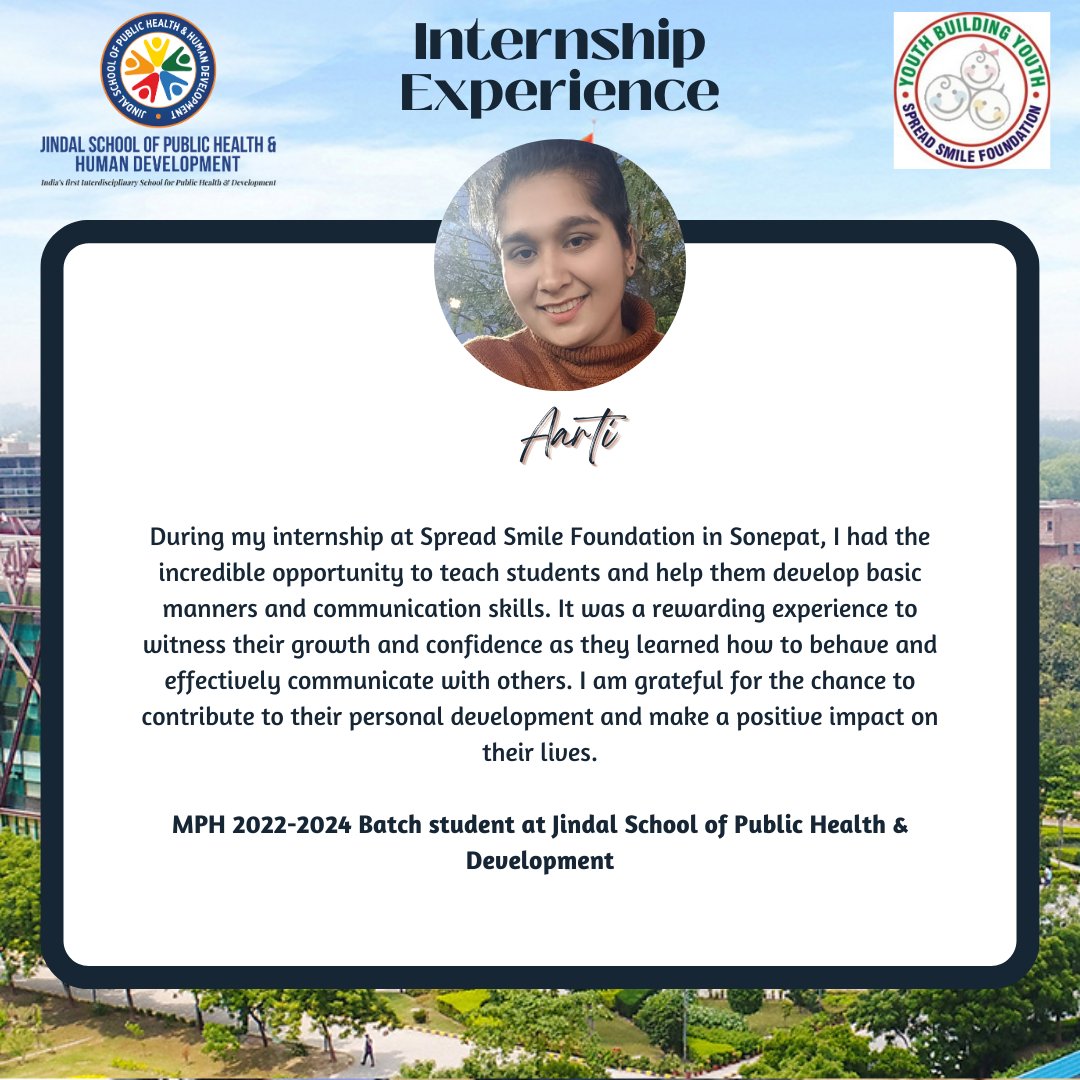 Hello,
Meet our industry-ready MPH student, Ms. Aarti, sharing her internship experience with the Spread Smile Foundation Sonipat.

Swipe to see a glimpse of it!
MPH 2022-2024 Batch

#jsph #jgu #mph #publichealth #internship #socialwork #humandevelopment #ngo #experience