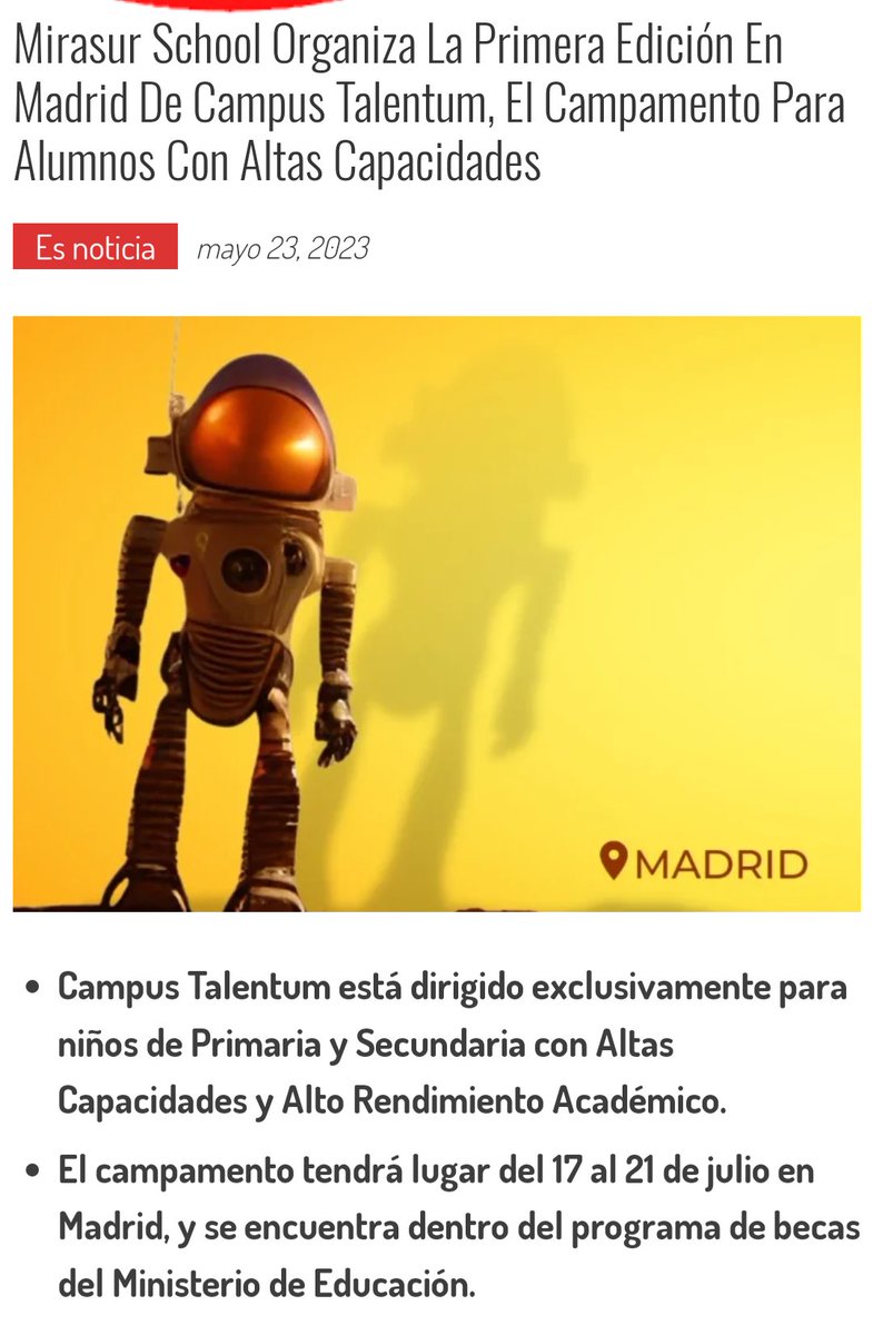 Mirasur School acogerá el I Campamento Talentum de Madrid para niños y niñas con Altas Capacidades #altascapacidades junto a #educade y #talentum <a href="/CognitaSchools/">Cognita Schools</a> madridbusiness.es/mirasur-school…