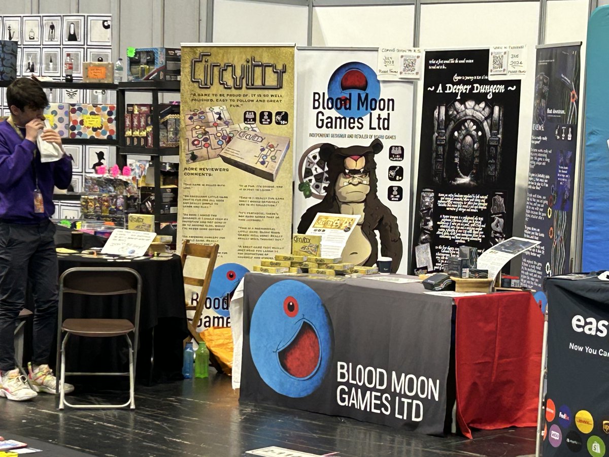 Moonfacedbaboon's tweet image. UKGE now but a distant (and fond) memory! Lots of interest in #circuitry #floatdownstream #tribalism_the_game and #adeeperdungeon . Hopefully see some familiar faces at #tabletopscotland in August.