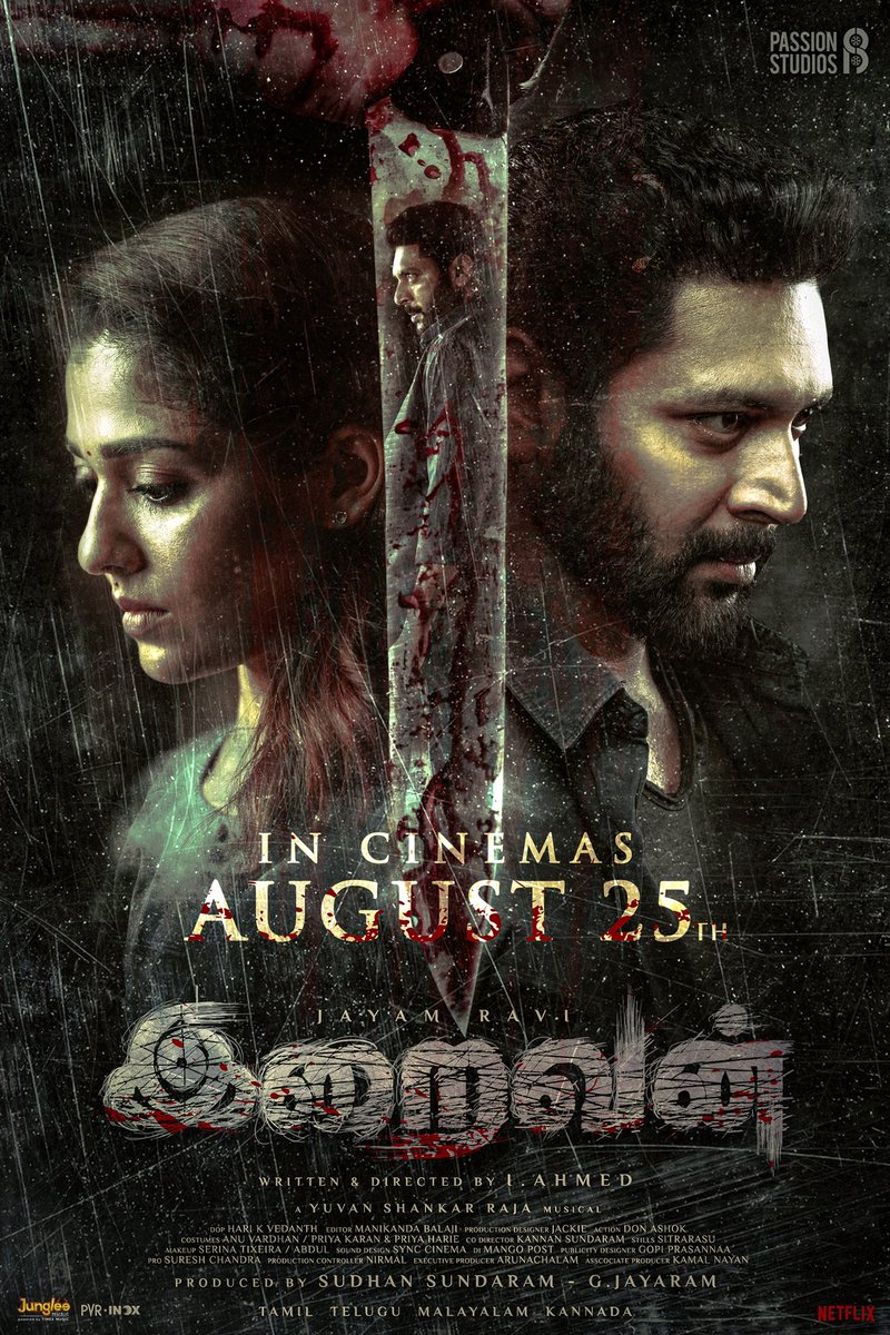 #Iraivan will surprise you with the incredible theatrical experience across 4 languages from August 25th! #Nayanthara @Ahmed_filmmaker @thisisysr @PassionStudios_ #HariKVedanth @eforeditor @jacki_art @Synccinema @MangoPostIndia @gopiprasannaa @Shiyamjack @Donechannel1