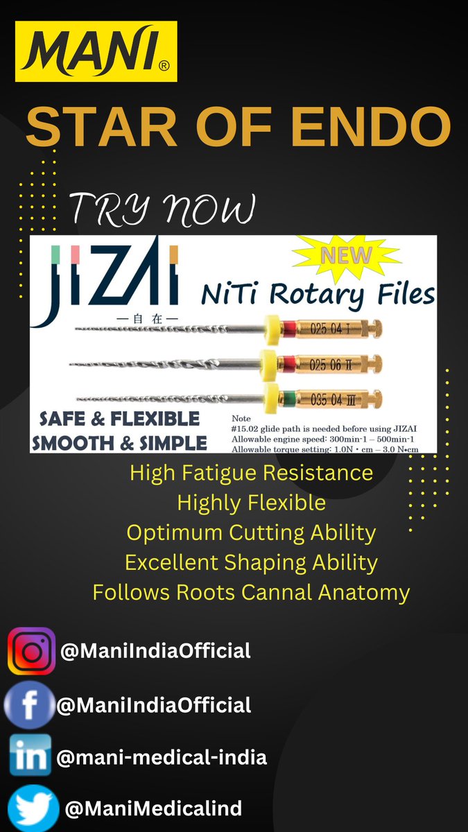 ManiMedicalInd's tweet photo. Jizai Jizai ....Jizai
You name it we got it. 
MANI-"The Best Quality In The World, To The World"
#Jizai #endodontist #dentalcare #manimedicalindia #oralhealth #SmileAgain #endostar https://t.co/lXJI7txEt0