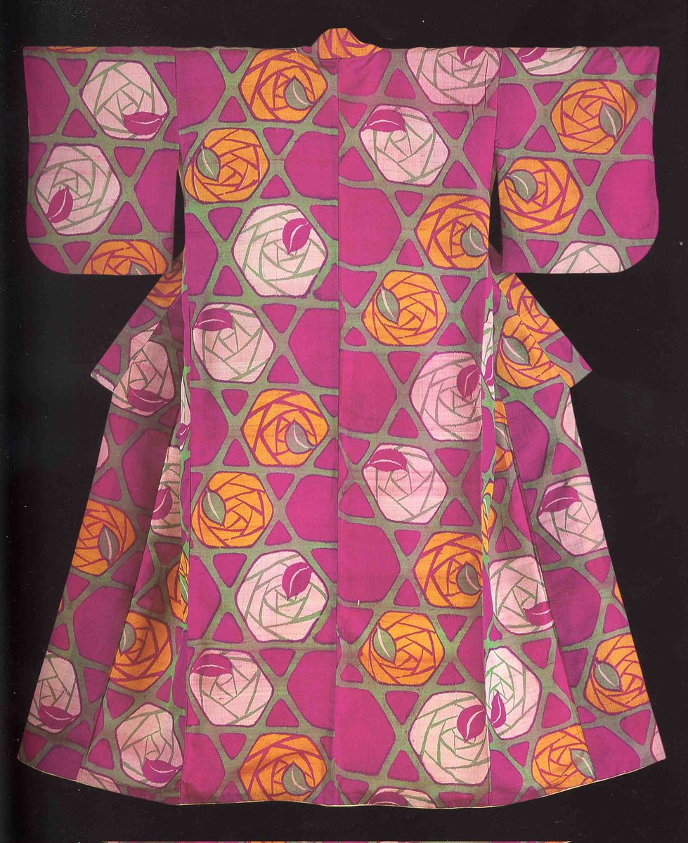 Scottish architect and designer Charles Rennie Mackintosh was born #OnThisDay in 1868. This Japanese woman's machine-spun pongee silk kimono features a Mackintosh inspired motif of roses and lattice. From @KhaliliOnline collections. #CharlesRennieMackintosh #fashion #designer