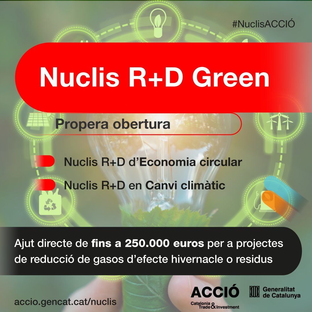 Coneixes les noves convocatòries del Nuclis d'R+D Green? 

Descobreix totes les novetats a les sessions de presentació👇

📅 14/6 - #canviclimàtic amb <a href="/accioclimatica/">Assemblea d'acció climàtica</a>
📅 15/6 - #economiacircular en l'àmbit dels residus amb <a href="/residuscat/">Agència de Residus</a>

➡️ agenda.accio.gencat.cat/cercador/-/act… 

#ProACCIÓGreen
