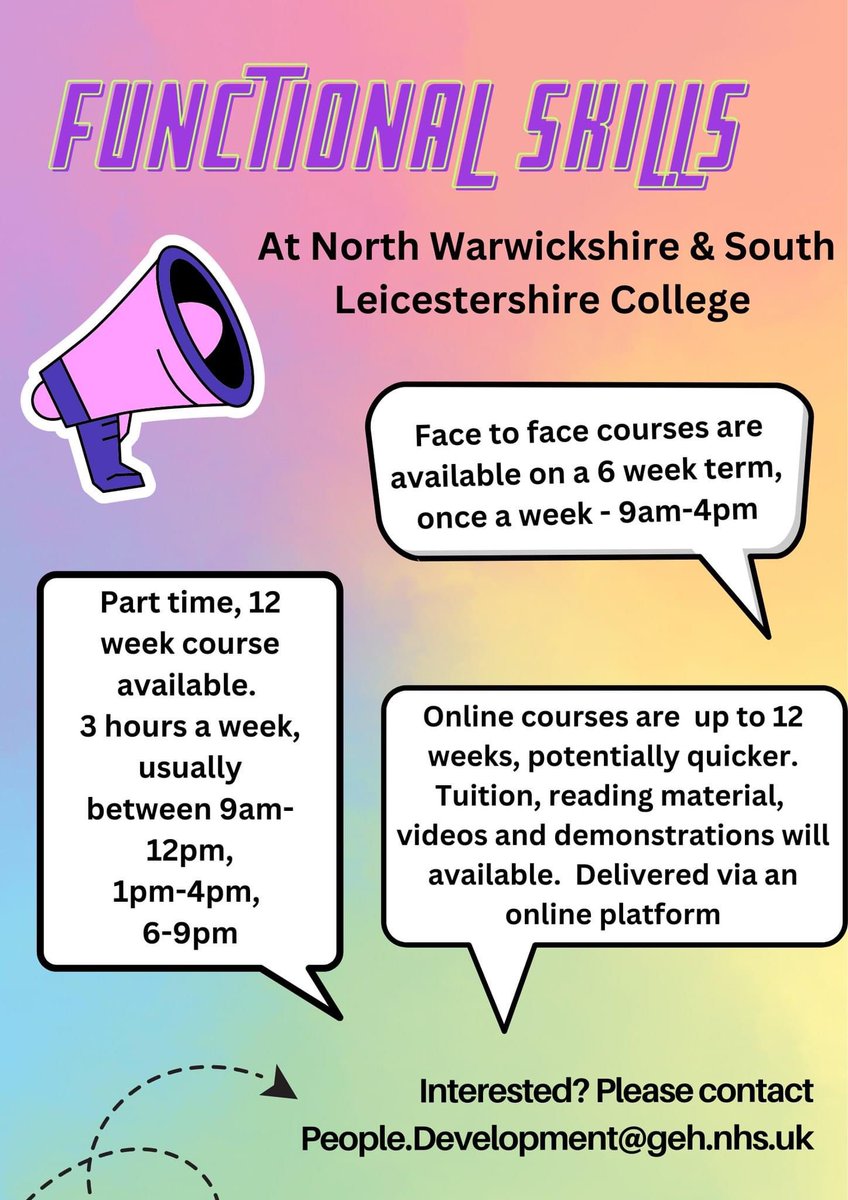 Functional skills - Available to all GEH staff⬇️⬇️⬇️

Please contact People.Development@geh.nhs.uk for more information!