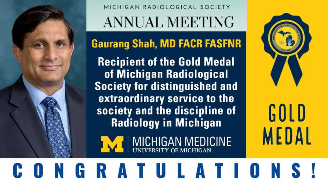 drnvss's tweet photo. Dr. Gaurang shah, very eminent Neuroradilogist at Michigan, USA &amp; my classmate, is given a Gold medal by Michigan radiological society. Editor of couple of books and principal writer of many publications. Still a very humble &amp; extremely helpful human being. Congratulations GV https://t.co/DxtYRSyxzX