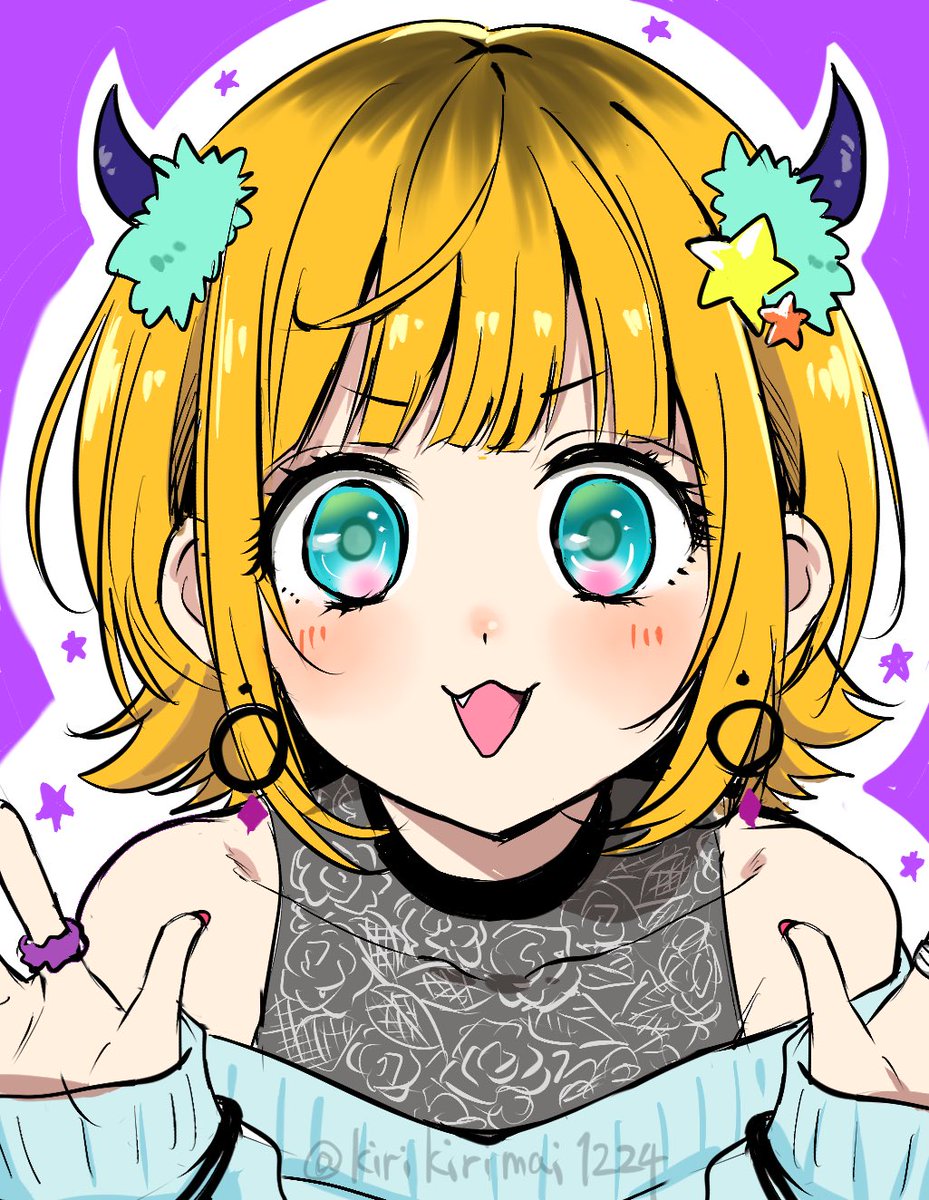 1girl solo horns jewelry earrings blonde hair sweater  illustration images