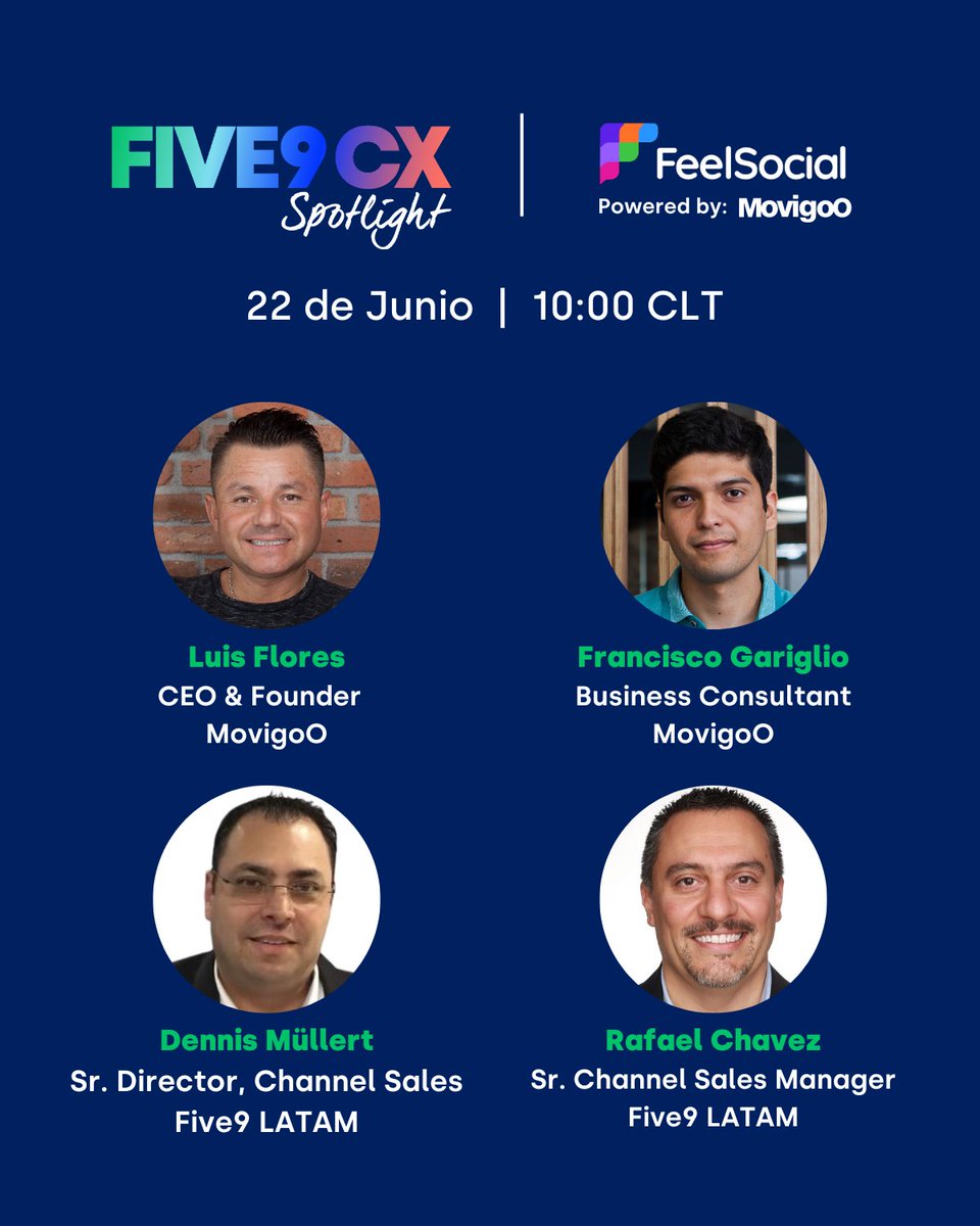 Five9's tweet photo. Únete a nuestro evento en directo este 22 de junio a las 10 a.m. CLT y conoce de primera mano a FeelSocial la nueva solución conversacional de @Movigoo. Regístrate ahora! #Five9
https://t.co/lBGpm2ZpE1 https://t.co/pNdaaLmrKI