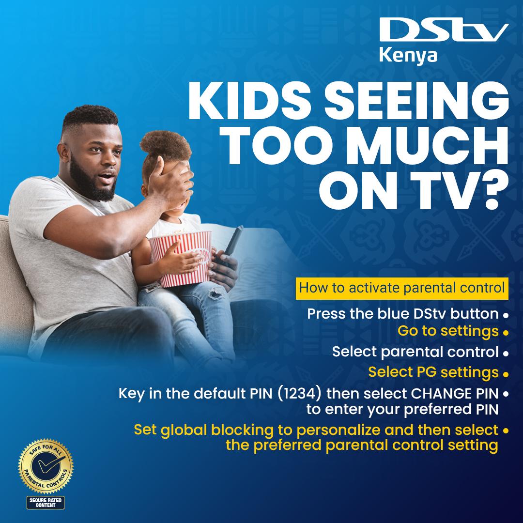 DStv_Kenya's tweet photo. Control what your kids watch by using the #DStvParentalControl feature.

Simply;
✳ Press the Blue DStv button
✳ Go to settings
✳ Select parental control
✳ Key in the default PIN (1234) &amp; change PIN
✳ Set global blocking &amp; then select the preferred parental control setting https://t.co/5Irp2EhAzb