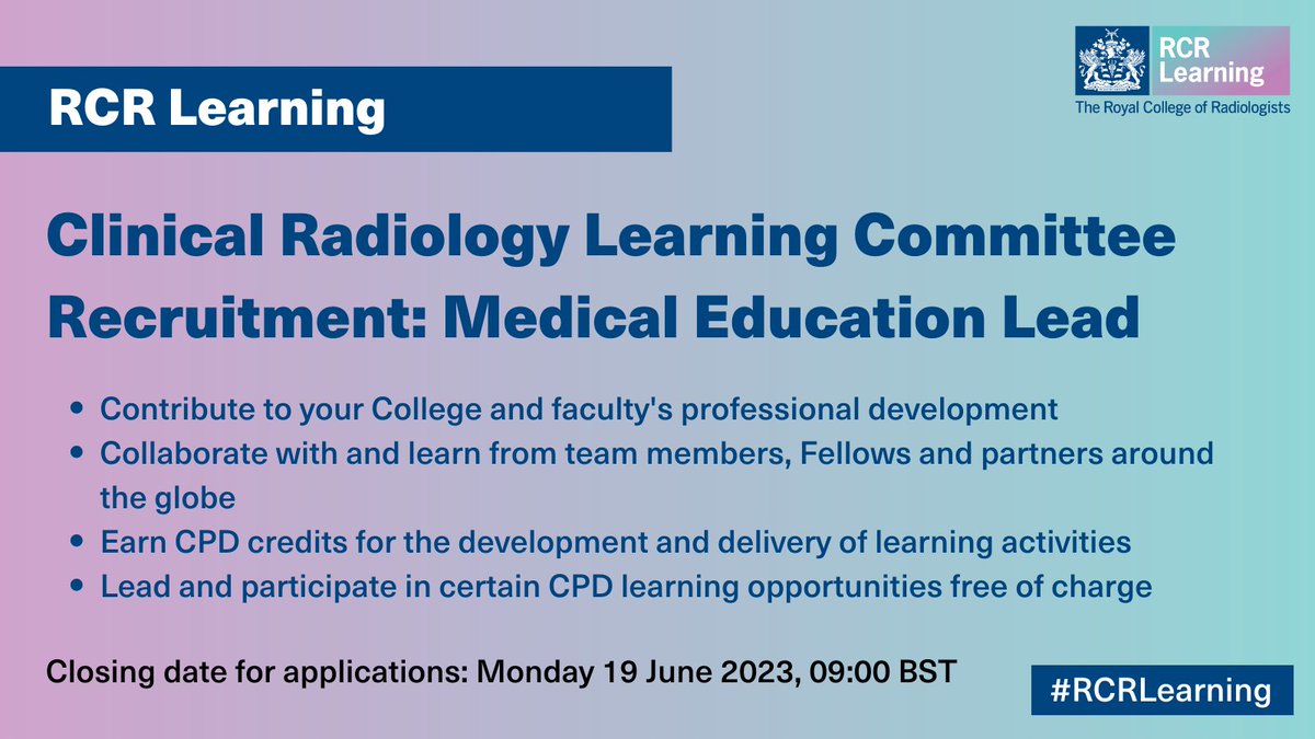 This role will focus on maintaining the quality and growing reach of our existing medical education offering and explore how we may develop the offer to meet members’ needs.

Find out more: rcr.ac.uk/rcr-clinical-r…

Applications close 19 June, 9am (BST).

<a href="/ClinRadiology/">Clinical Radiology</a>
