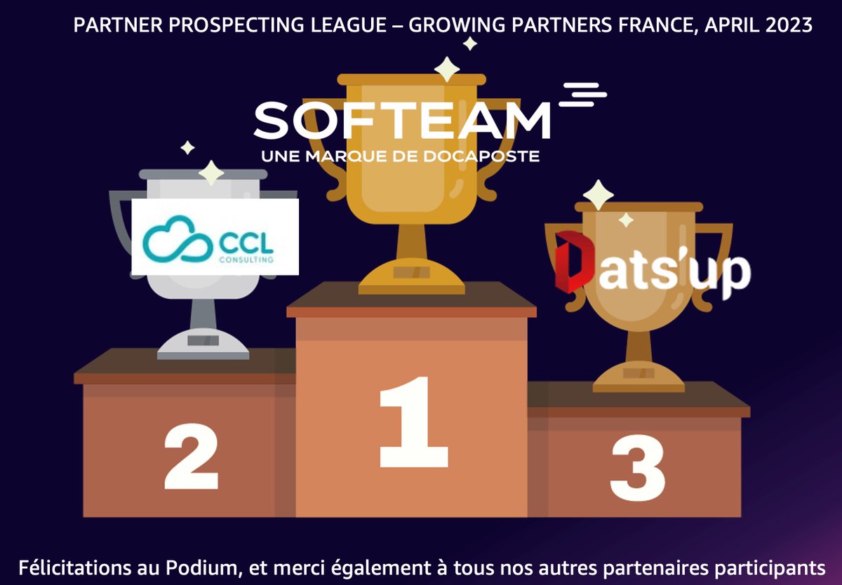 Découvrez <a href="/SofteamGroup/">Softeam</a>, 🏆 gagnant de la dernière AWS Partner Prospecting League, votre partenaire de confiance et de proximité qui vous accompagne dans l’utilisation du ☁️ Cloud AWS 👉 go.aws/45SzUoC
Félicitations à <a href="/GroupCcl/">CCL Consulting Group</a> et <a href="/datsup_fr/">Dats'up</a> pour leur podium !