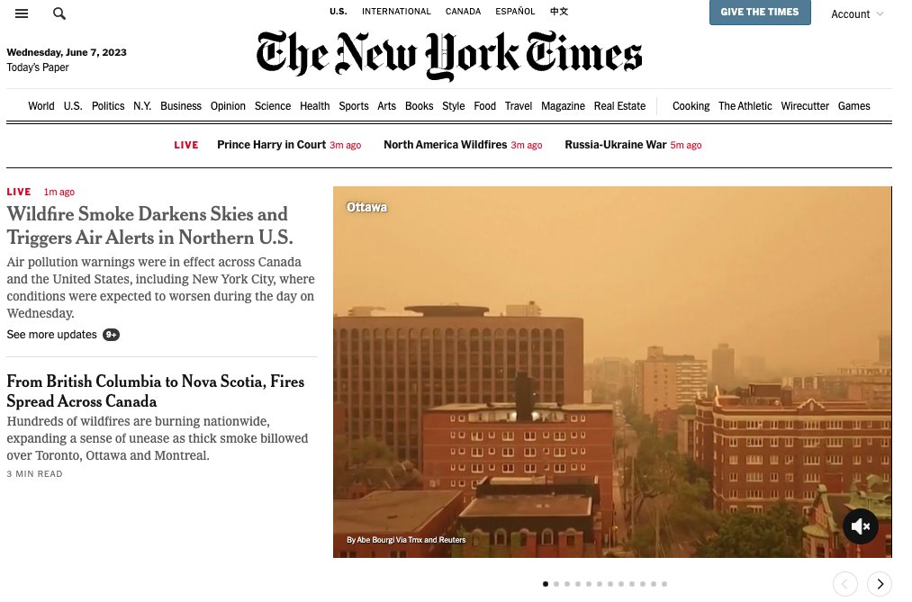 fdaudens's tweet photo. Quand Ottawa fait la Une du New York Times, version smog https://t.co/sbhPTeFj1C