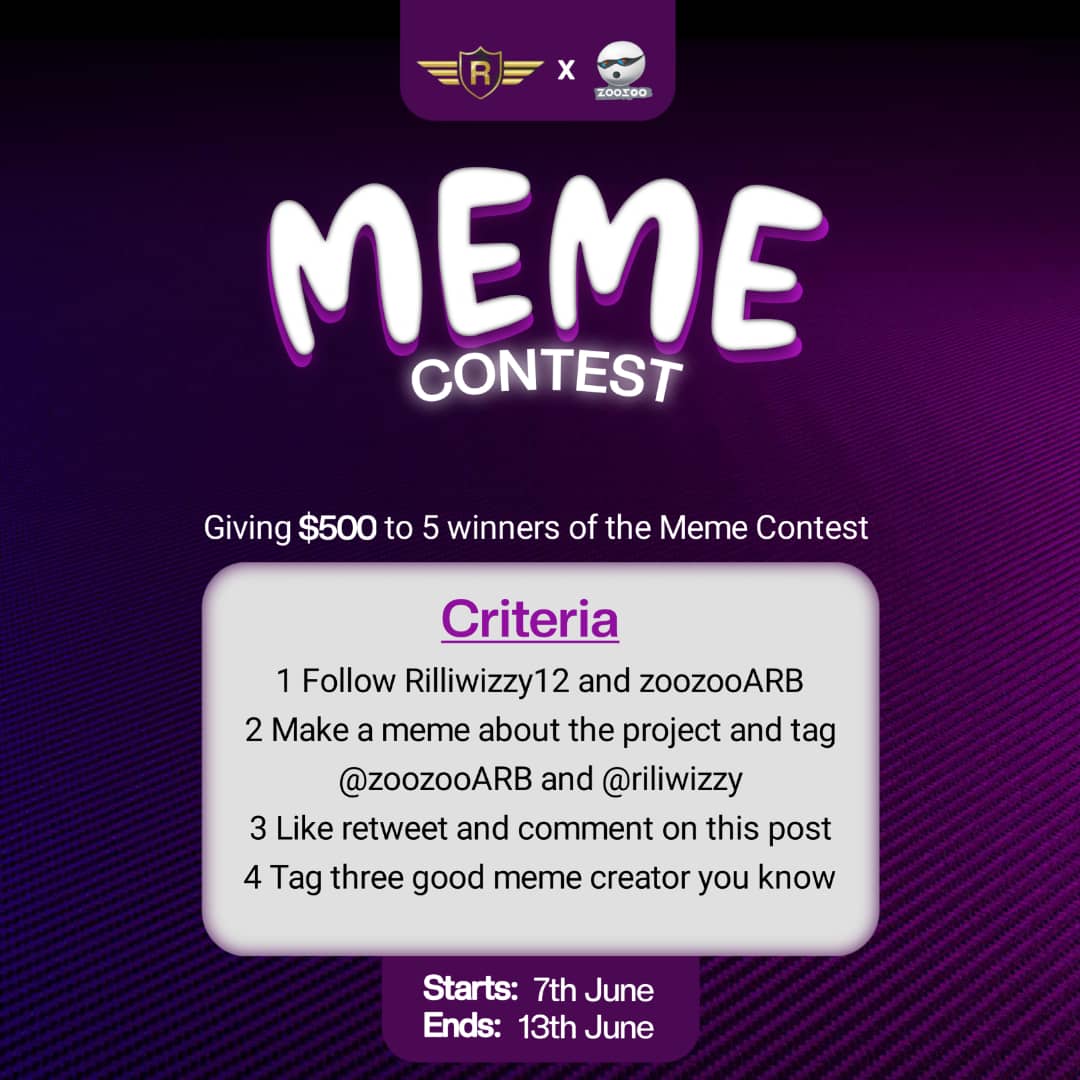 @Riliwizzy12 X @zoozooARB
Meme Contest Announcement! 🔥🔥🔥
Make sure to fulfill all the requirements below:
Ensure completion of all the tasks.
Judging criteria will focus on creativity, humor, and relevance to the theme.
Contest ends on the 13th of June.
#MemeContest #Arbitrum