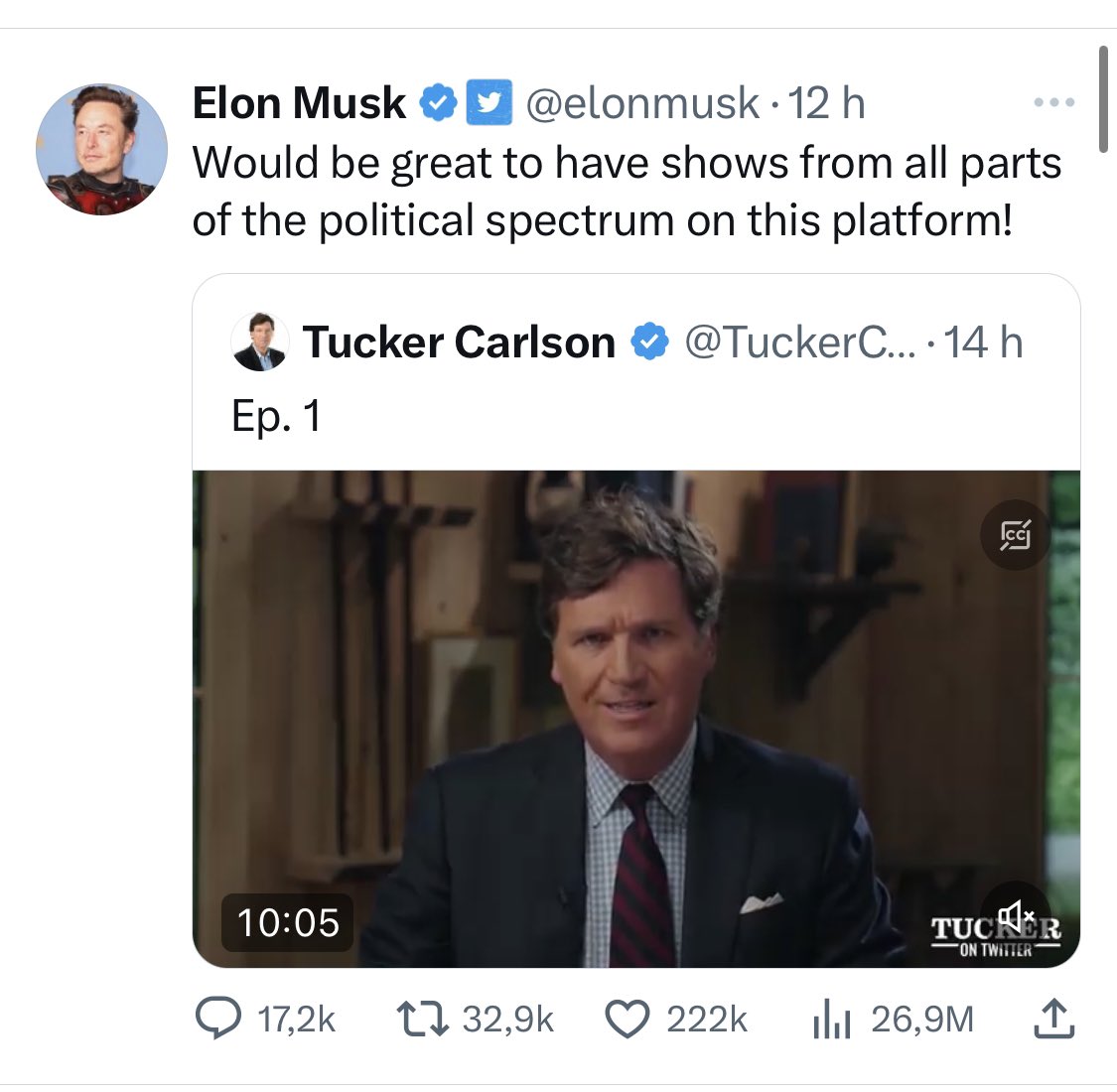 Elon Musk qui appelle à des discussions politiques de “tous bords” sur Twitter, mais qui le fait en retweetant l’ultra-conservateur et complotiste T. Carlson et en faisant un live avec le non moins complotiste R. Kennedy. La liberté d’expression, mais surtout pour ceux qu’il aime