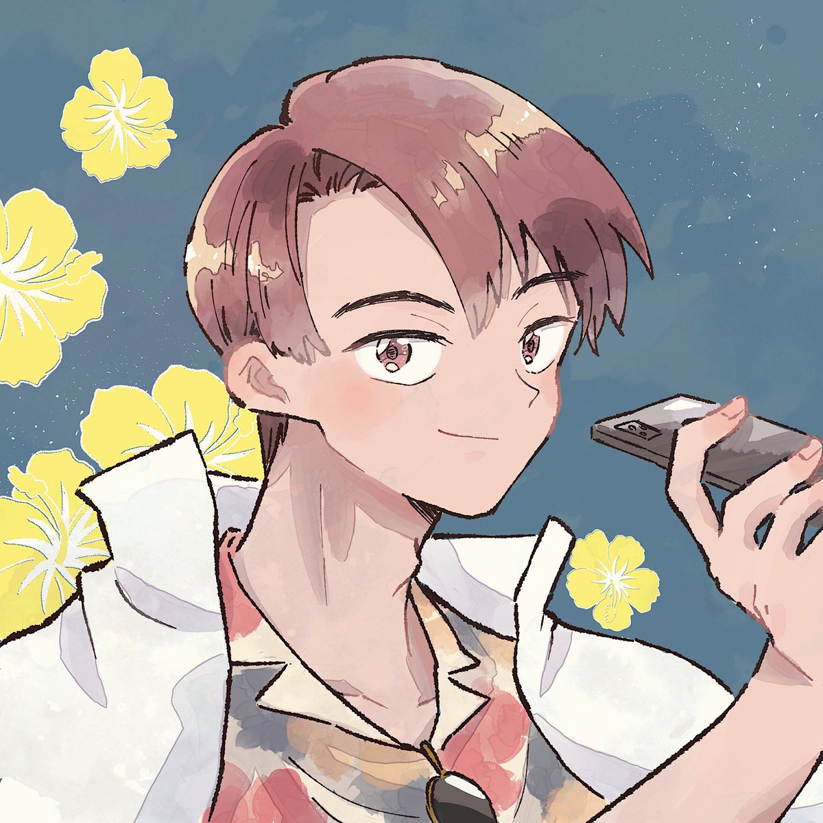 1boy male focus solo brown hair phone flower smile  illustration images