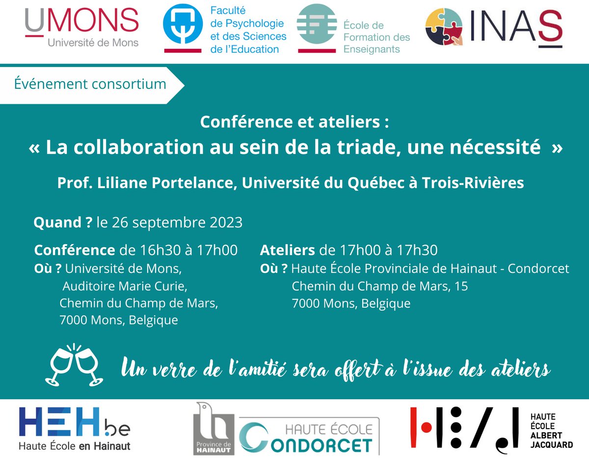 [Invitation] Conférence et ateliers sur la formation des futurs enseignants (événement consortium)

Plus d´informations prochainement! 

@AccPRO_INAS <a href="/INAS_UMONS/">INAS</a> @heajofficiel <a href="/HEPH_Condorcet/">HauteEcole Condorcet</a> @he_hainaut