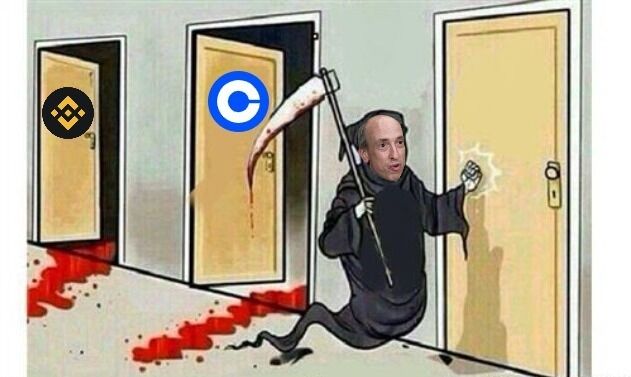 Cointelegraph's tweet image. June 5th - SEC sues #Binance
June 6th - SEC sues #Coinbase

Who&apos;s next in line today? Tell us below 👇