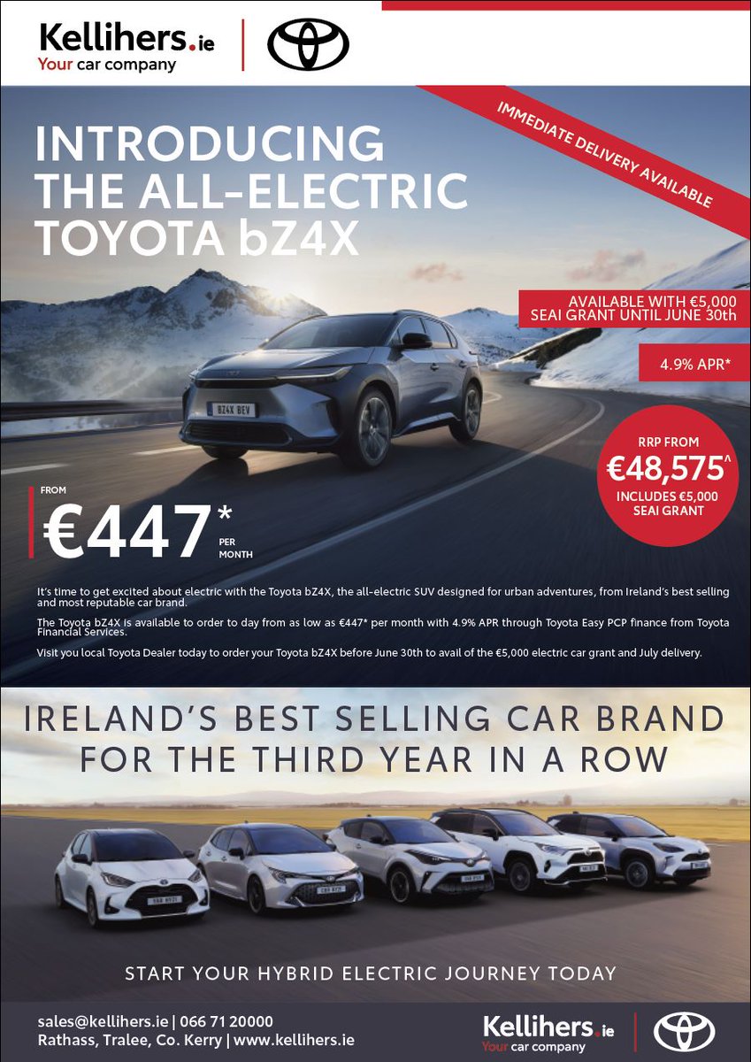 Kellihers Garage (@kellihersgarage) on Twitter photo Available for IMMEDIATE DELIVERY  the All-Electric Toyota bZ4X 
Talk to us today on 066-7120000 Available for IMMEDIATE DELIVERY  the All-Electric Toyota bZ4X 
Talk to us today on 066-7120000