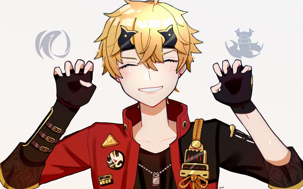 thoma (genshin impact) 1boy male focus gloves fake horns closed eyes blonde hair fingerless gloves  illustration images