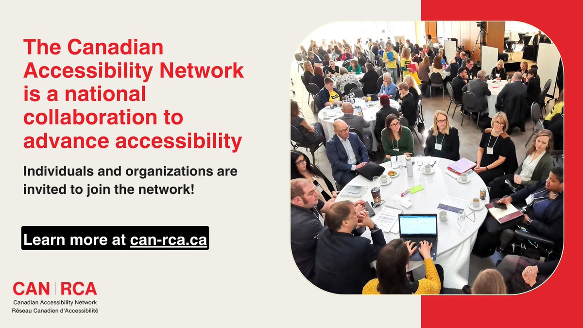 The Canadian Accessibility Network aims to mobilize strategic partnerships among individuals, institutions, and organizations across canada dedicated to advancing accessibility. 

We can't do this alone. 

Interested in joining the network? Check out: bit.ly/3BtPb1k