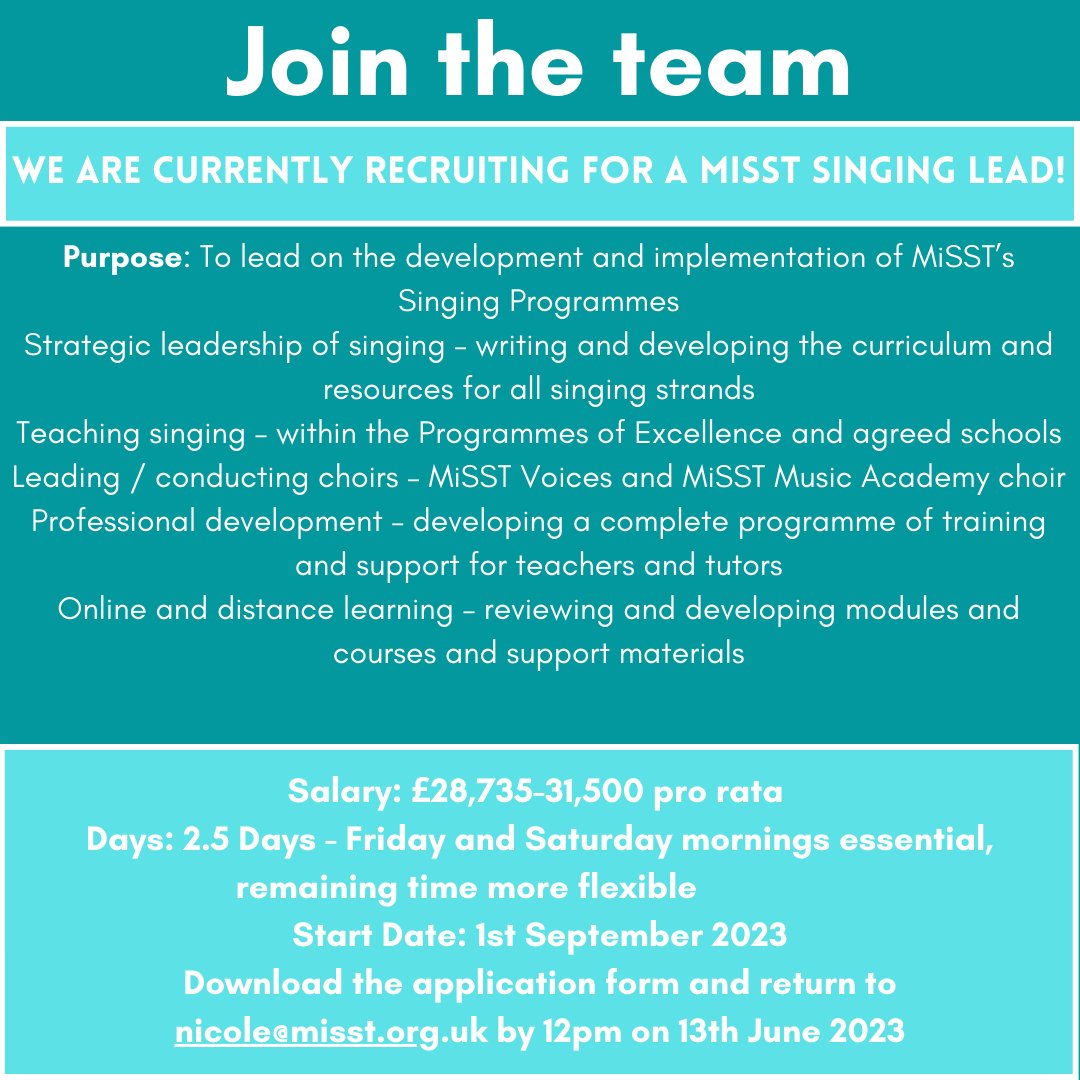 We are looking for a talented Singing teacher to be our new MiSST Singing Lead. Join the MiSST family and help to support schools and our gorgeous choir.
To apply and for further information visit misst.org.uk/careers/summar…
#MusicEd #MusicJobs