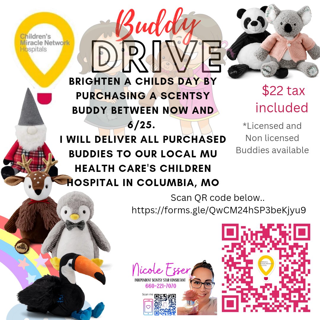 havik65301's tweet photo. I'm helping out the beautiful children down at Children's Miracle Network at MU Children's Hospital!
Im putting on a Buddy Drive for the local sick and injured children to help donate. Please fill out this form to purchase your buddy donation! 🥰 
https://t.co/ffGz52NaPt https://t.co/S1BDRiA4QA