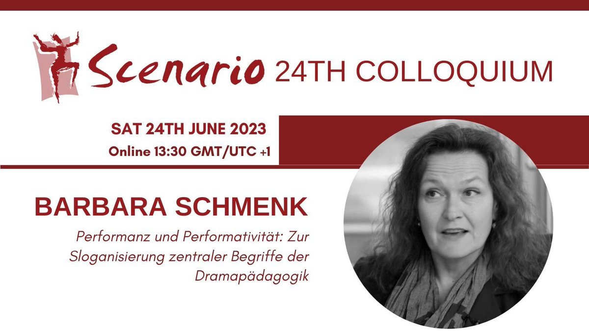 Next up the 24th Colloquium on Sat 24th June with Barbara Schmenk - Auf Deutsch

Betitelt: Performanz und Performativität: Zur Sloganisierung zentraler Begriffe der Dramapädagogik

More info at ucc.ie/en/scenario/sc…

Register at forms.gle/qZgX78BACePtAp…