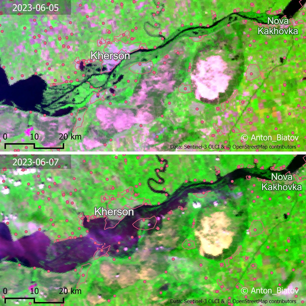 Kherson flooded area, Ukraine
#catastrophe #disaster

Data #Sentinel3 #EuropeanSpaceAgency #Copernicus
& #openstreetmap

#QGIS #dataviz #sentinel #flood #digitalmap #gis #satelliteimagery #mapping #easteurope #nature #cartography
#gisnaturalist