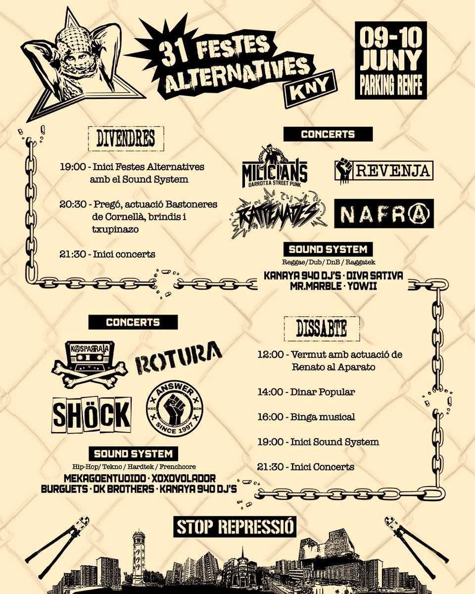 FESTES ALTERNATIVES KNY 2023
🗓️9 i 10 de Juny
📍Parking Renfe Cornellà 

Concerts, sound system, paradeta de material, dinar popular..

Tornen les festes autogestionades i combatives!!🏴‍☠️🔥