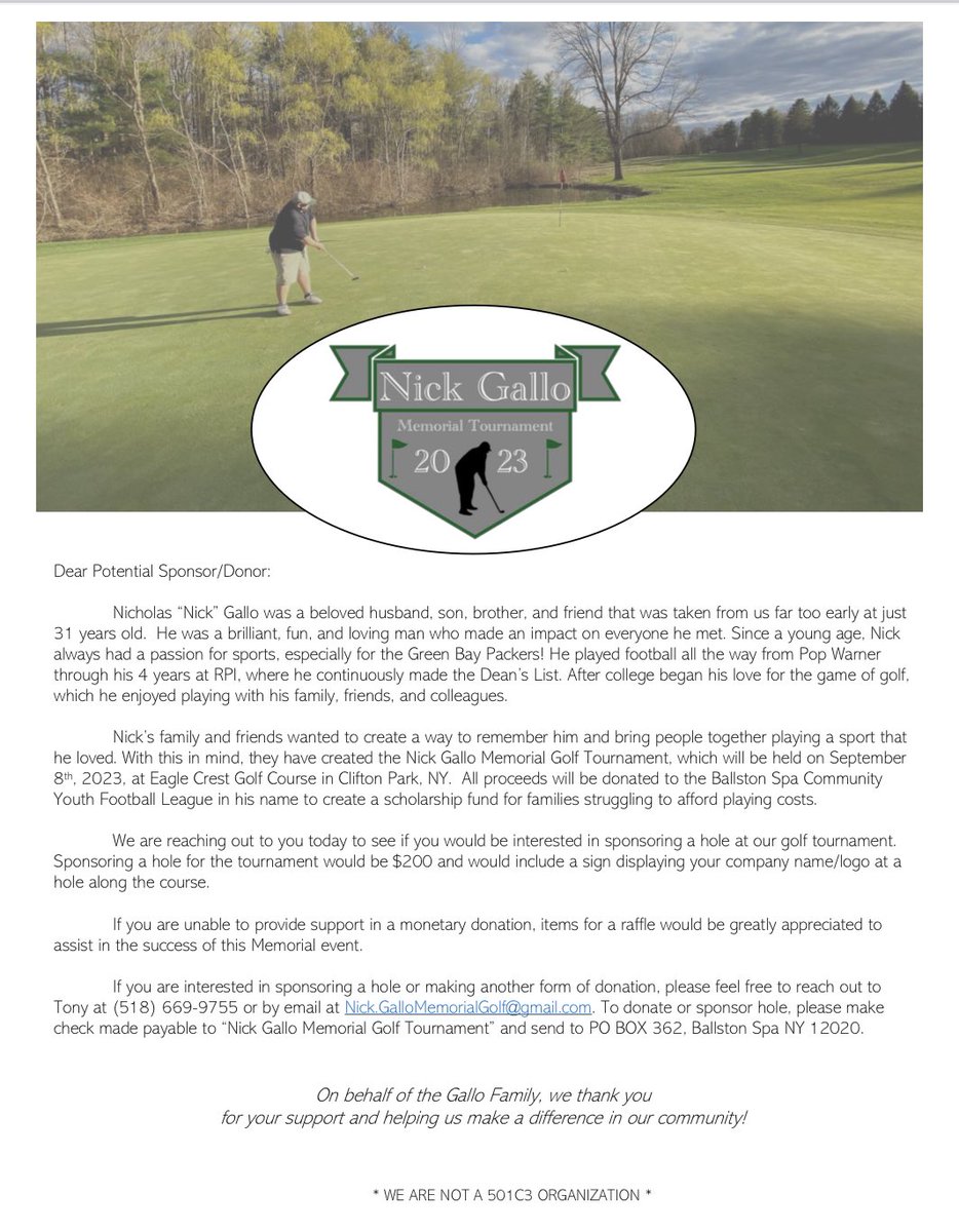THEcoachM's tweet photo. Sponsorship & Donation opportunities for Nick’s Memorial Golf Tournament. I’m trying to get local Coaching Staffs to help out with hole sponsorship. Reach out to them directly or myself if interested.
#518football #section2football https://t.co/hBxFKcIaoU