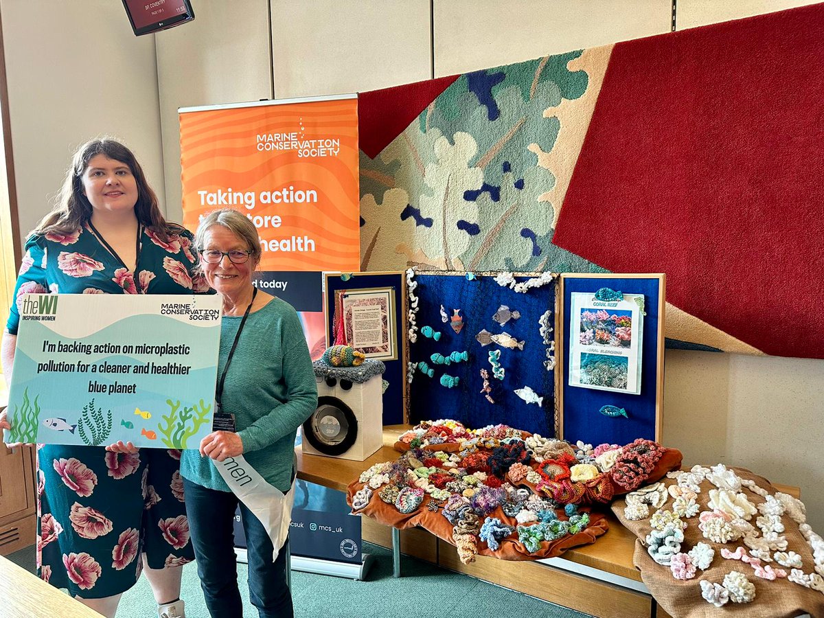 WomensInstitute's tweet photo. We’re in Parliament today with @mcsuk Marine Conservation Society for #WorldOceansDay to raise awareness of the need to tackle microplastic pollution. We’re showing MPs a knitted coral reef made by a WI member of Abberly WI in @worcsfedwi. https://t.co/Q5lwtebD0a