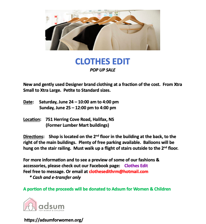 SBCHFX's tweet photo. Clothes Edit Pop up sale happening Saturday, June 24th 10am-4pm and Sunday, June 25th 12pm-4pm.  Stop by 751 Herring Cove Road to add new and gently used Designer clothing to your wardrobe. A portion of the proceeds will be donated to Adsum for Women and Children. https://t.co/Qu75Vh6cu3