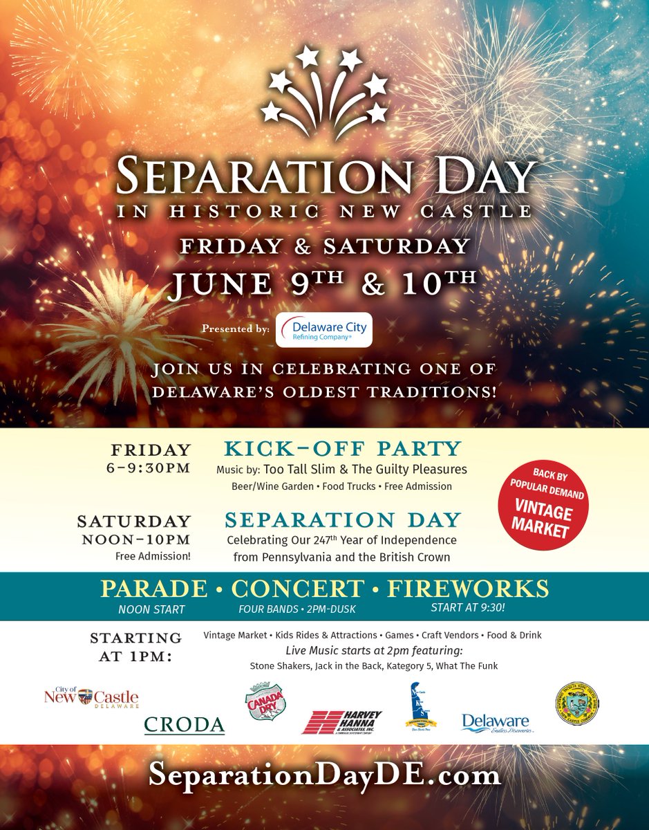 outandaboutnow's tweet photo. 🎇 𝗦𝗲𝗽𝗮𝗿𝗮𝘁𝗶𝗼𝗻 𝗗𝗮𝘆 🎇 &amp; Vintage Market in Historic New Castle, DE is back for '23 this weekend

6/9 • Kickoff Party
6/10 • Parade, Festival, Fireworks

RSVP to @separationdayde: https://t.co/h3cWVchEkC
Details: https://t.co/l5cvIkUolo

#GetOutAndAbout #SeparationDay https://t.co/0MnwaF22HC