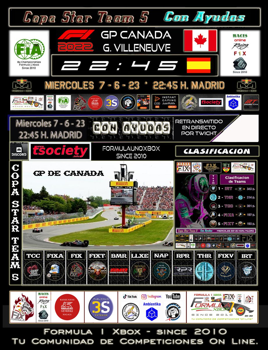 XboxFormula's tweet image. F1 22-CrossPlay
12ª Temporada
Copa Star Team 5-F1X
Con Ayudas F1X
Hoy Miercoles 7/6/23
Race 9/14
22:45 Hora España
GP Canada

Teams
BMR+F1XV+THR+IRT+RPR+TR+F1X+TCC+F1XT+LLXE+F1XA

Directo Twicht
twitch.tv/formulaunoxbox
Casters en Cabina
@F1XJuanRo &amp;amp; @soy.espirok&amp;amp; @Moonsito
*