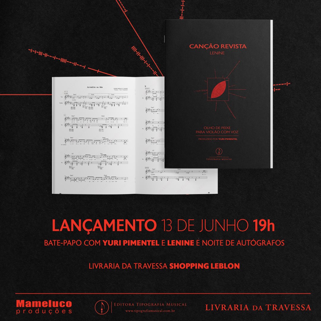 Para encerrar as comemorações de 30 anos do Olho de Peixe, no próximo dia 13 de junho acontece o lançamento do livro "Canção Revista - Olho de Peixe para violão com voz", de Yuri Pimentel, pela Editora Tipografia Musical. Na Livraria da Travessa do Shopping Leblon, às 19h.