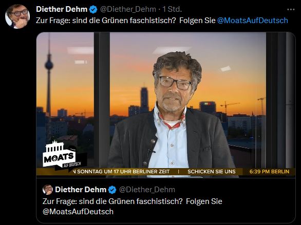 Jetzt hat er vollends den Verstand verloren. Diether #Dehm wägt die Frage, ob die Grünen Faschisten sind und Konzentrationslager errichten wollen. So reden sie, die Unterstützer und Vertrauten von Sahra #Wagenknecht.