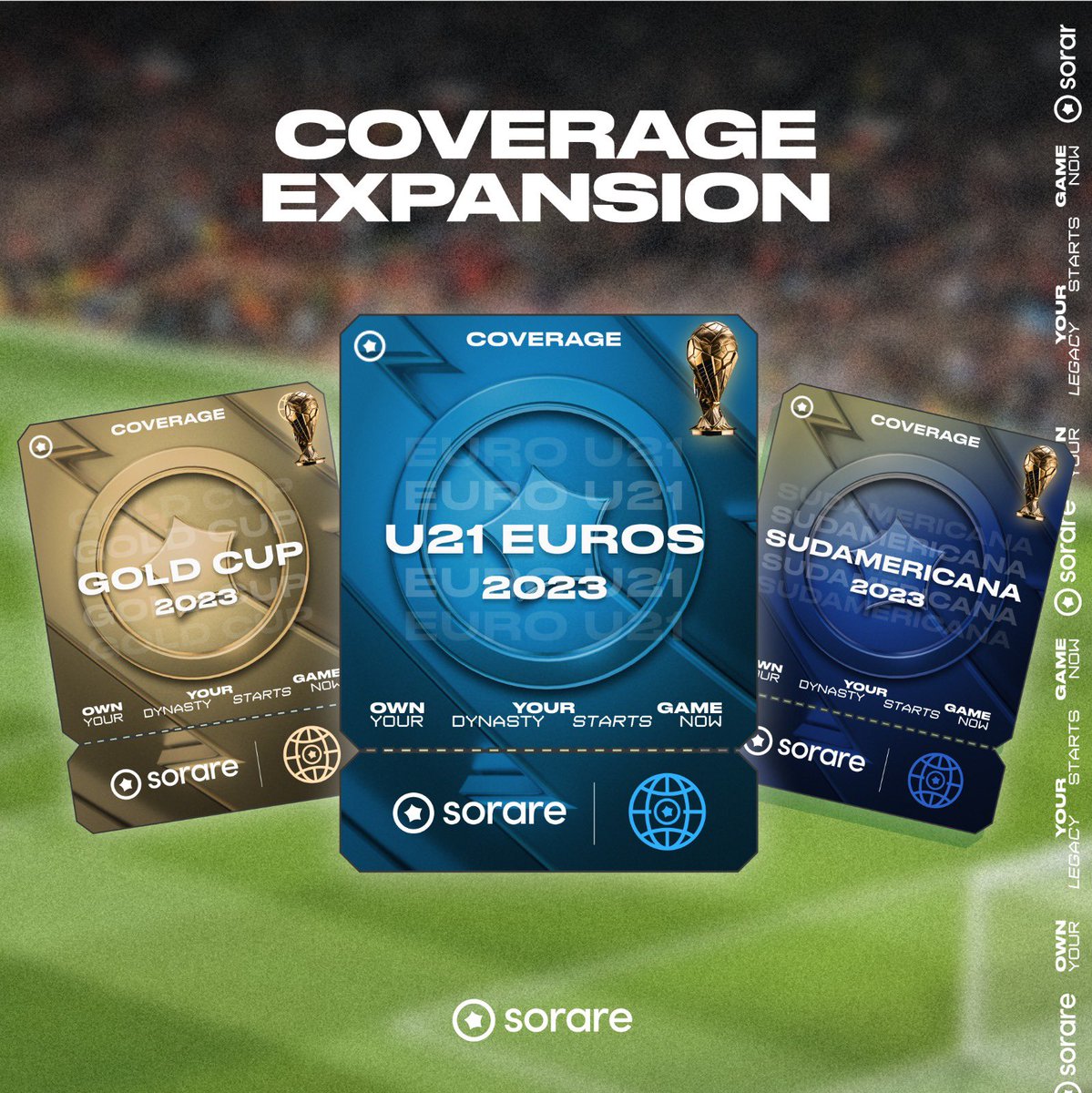 Sorare's tweet photo. The Global game expands for the summer season 🔥

Starting June 14th the following tournaments will be covered on #Sorare and appear in the coverage page:

🔭 U21 Euros 2023
🏆 Gold Cup 2023
🌎 Copa Sudamericana 2023

Get scouting ➡️ https://t.co/15nvuXw4Gz https://t.co/ePhteQ5Sm4