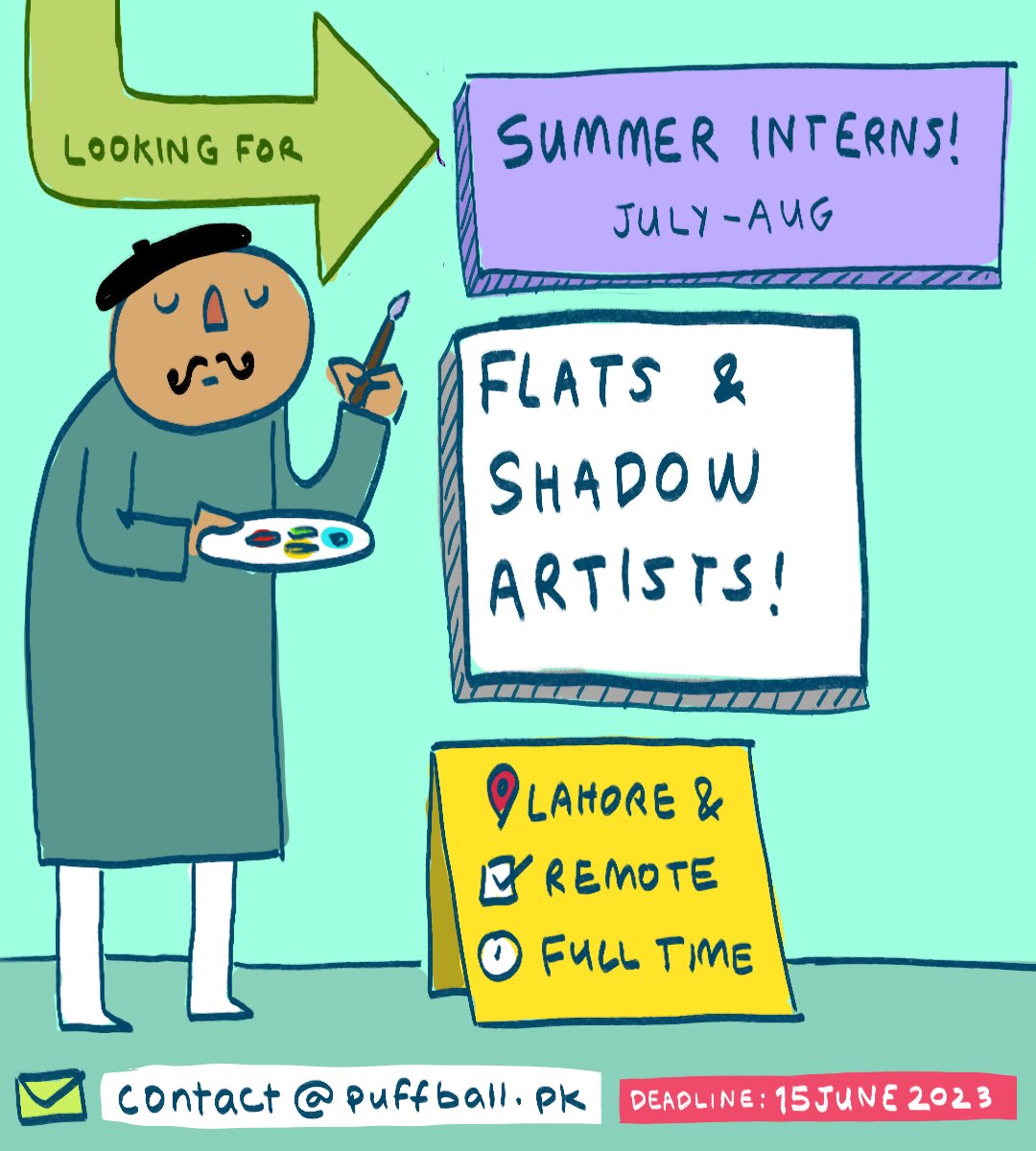 Wanna do something fun this summer - and learn a ton about animation along the way?! If you think (but we really mean BELIEVE) you've got the skills of a flat and shadows artist, apply for Puffball Studios' paid Summer Internship!
Apply how/where/why? Read the poster!