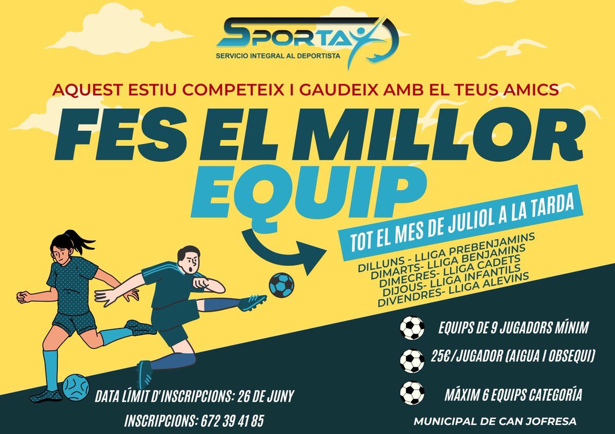 JULIOL | Aquest estiu, fes el teu equip i vine a competir a #CanJofresa! 

Lligues de tarda durant tot el mes de Juliol:

▪️Dilluns: prebenjamins
▫️Dimarts: benjamins
▪️Dimecres: cadets
▫️Dijous: infantils
▪️Divendres: alevins

📝 Inscripcions obertes!