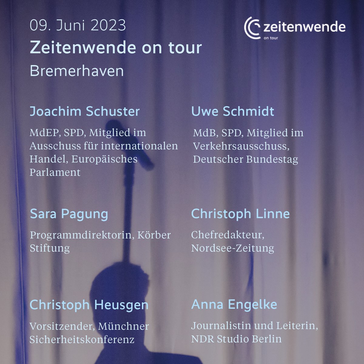 ⚓️Nächster Halt: #Bremerhaven

Am 9. Juni werfen wir den Anker an der Nordseeküste. In einer Townhall-Veranstaltung diskutieren unsere Gäste auf der Bühne und im Publikum über die #Zeitenwende und ihre Auswirkungen auf die Region. 

Anmeldung unter: securityconference.org/zeitenwende/br…