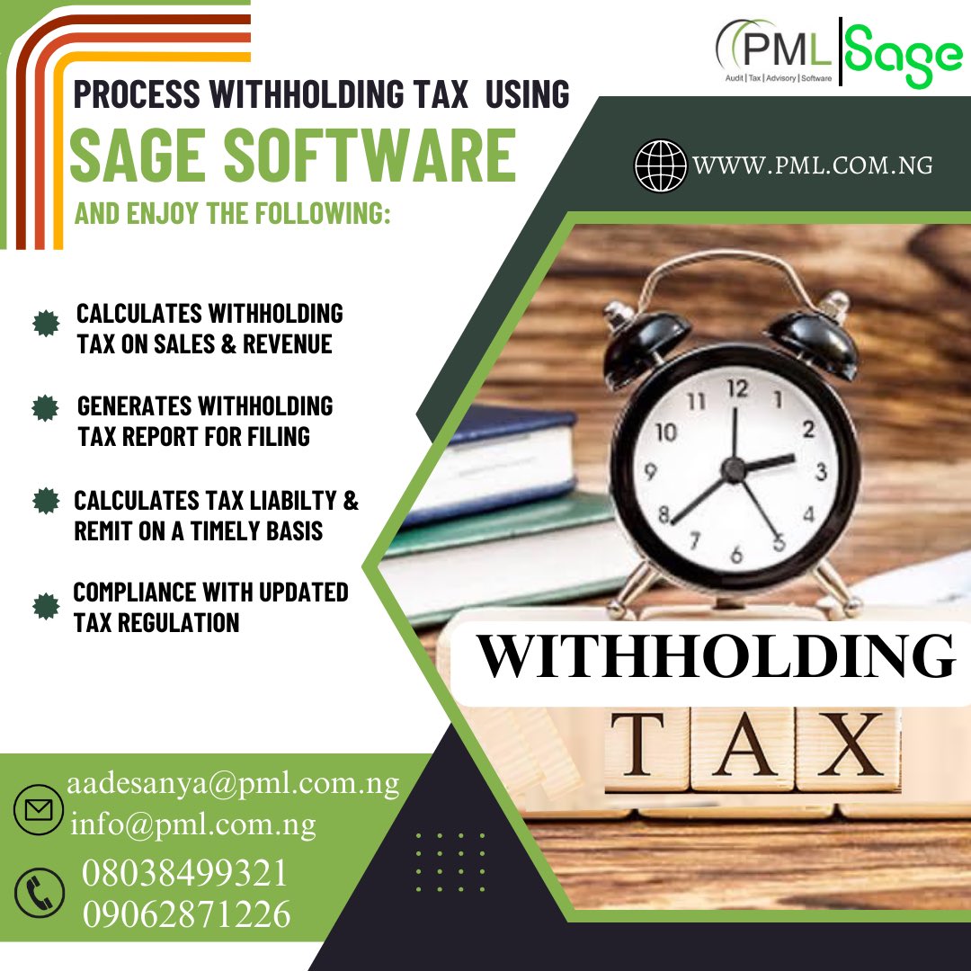 pmlprofessional's tweet image. Do you want to take your business to the next level?

With the use of Sage Software, you can process Withholding Tax in the simplest way. 

For more information, contact Adeola Adesanya on 08038499321 or info@pml.com.ng

#Sage #Sagesoftware #sageevolution #sagebusiness