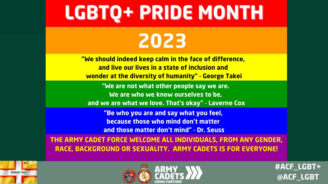 Dorsetacf's tweet image. This month is LGBTQ+ Pride Month! @ACF_LGBT @ArmyCadetsUK @AC_INCLUSION @ArmyCadetsHoW @ArmyLGBT #armycadetinclusion #LGBTQ