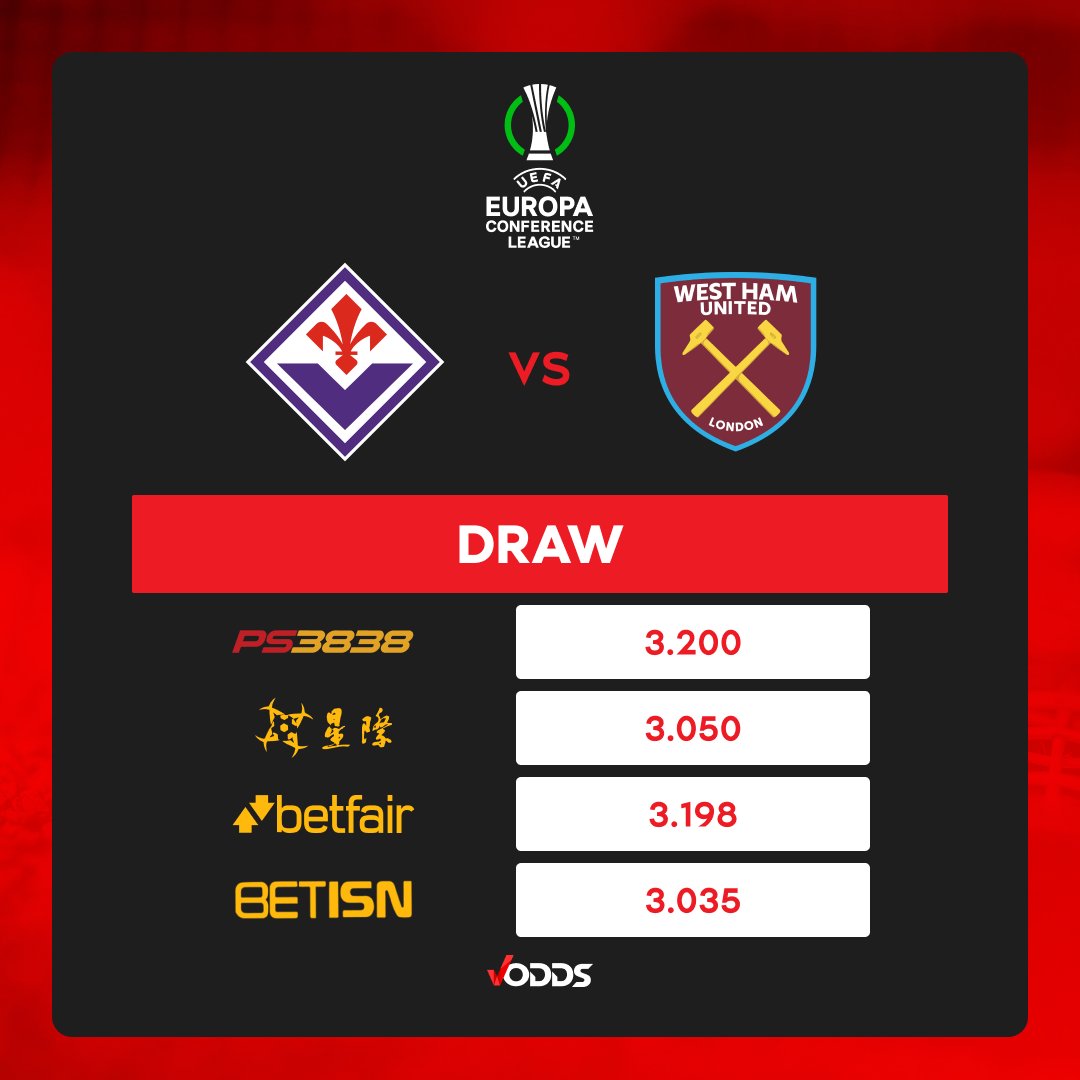 vodds_official's tweet photo. ⚽🏆UEFA Europa Conference League🏆⚽
Final
Fiorentina 🆚 West Ham
#UECLfinal #VOddsOdds #VOdds
Disclaimer: Odds may change over time.
🤑Get your best odds on VOdds🤑
https://t.co/SjiVgXr7kJ https://t.co/WPRhZXaiK0