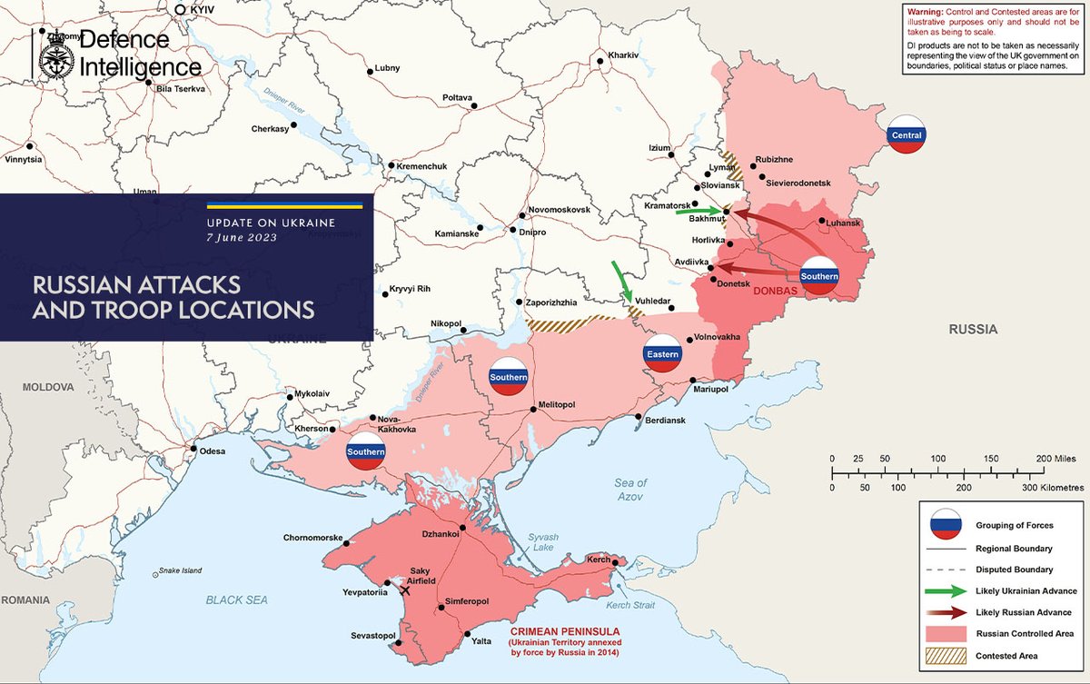 DefenceHQ's tweet photo. The illegal and unprovoked invasion of Ukraine is continuing.   

The map below is the latest Defence Intelligence update on the situation in Ukraine – 07 June 2023.  

Find out more about the UK government's response: https://t.co/24JHLIb27V 

🇺🇦 #StandWithUkraine 🇺🇦 https://t.co/KOGAhmDly0