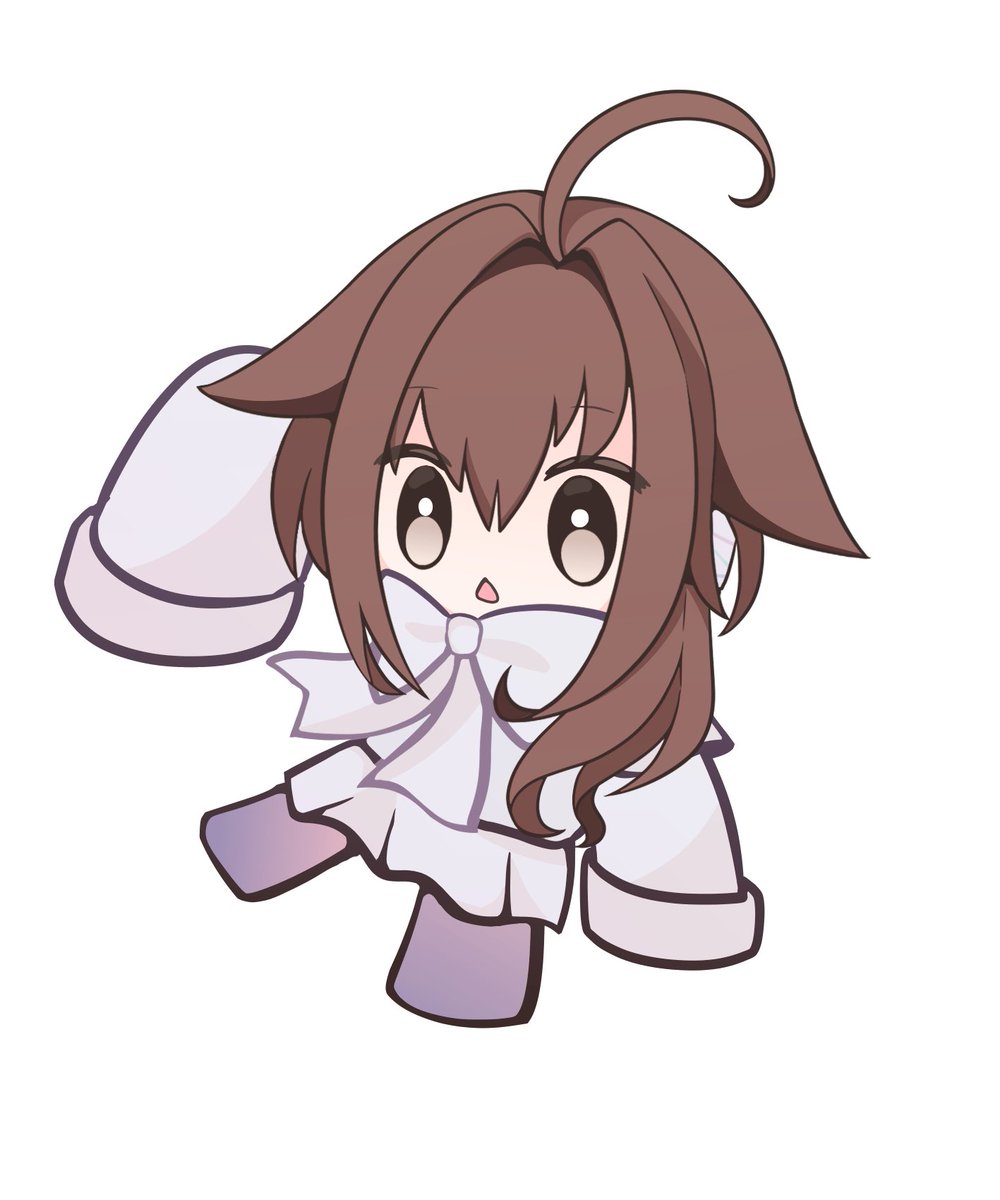 1girl solo brown hair sleeves past fingers brown eyes chibi white background  illustration images