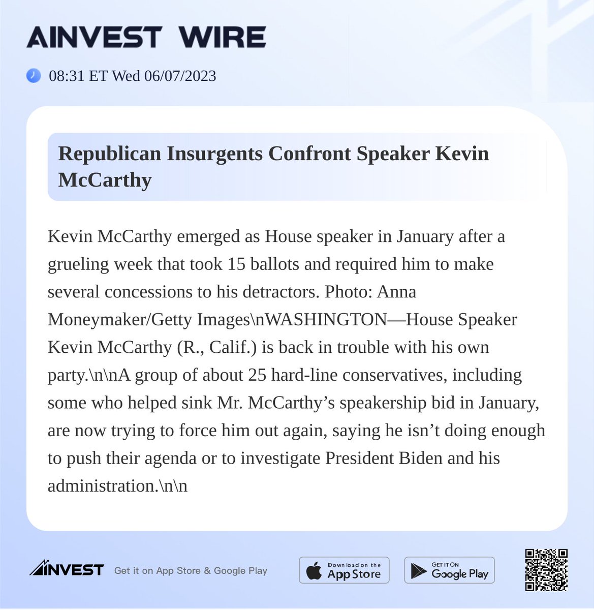 Republican Insurgents Confront Speaker Kevin McCarthy
#AInvest #Ainvest_Wire #ElectionDay #Election2022 #Midterms2022
View more: bit.ly/3X4l0XC