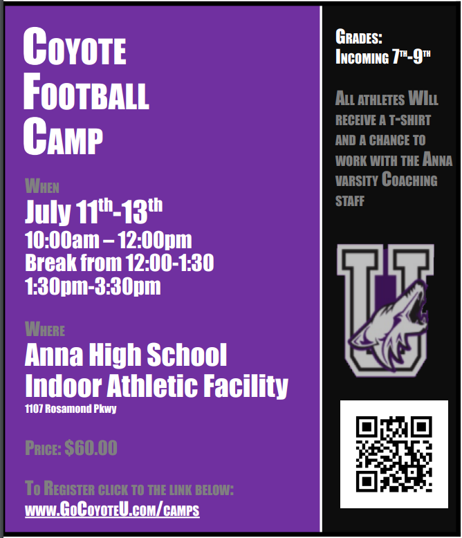 Coyote Football Camp is next week. Reminder to register today for the camp. See the brochure for camp details. Register today at gocoyoteu.com/camps #CU