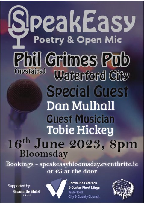 Bloomsday is June 16, and in Waterford SpeakEasy is celebrating it with Waterford native @DanMulhall (author of Ulysses - A Reader's Odyssey) & singer Tobie Hickey. And our usual open mic, so all are welcome to read. You can book tickets on speakeasybloomsday.eventbrite.com