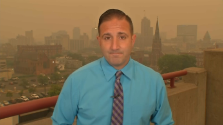 Patrick_OToole_'s tweet photo. This live shot says it all.  Wildfire smoke making Syracuse look like a post-apocalyptical scene. @Brad_Vivacqua https://t.co/6fna8d3Qmj