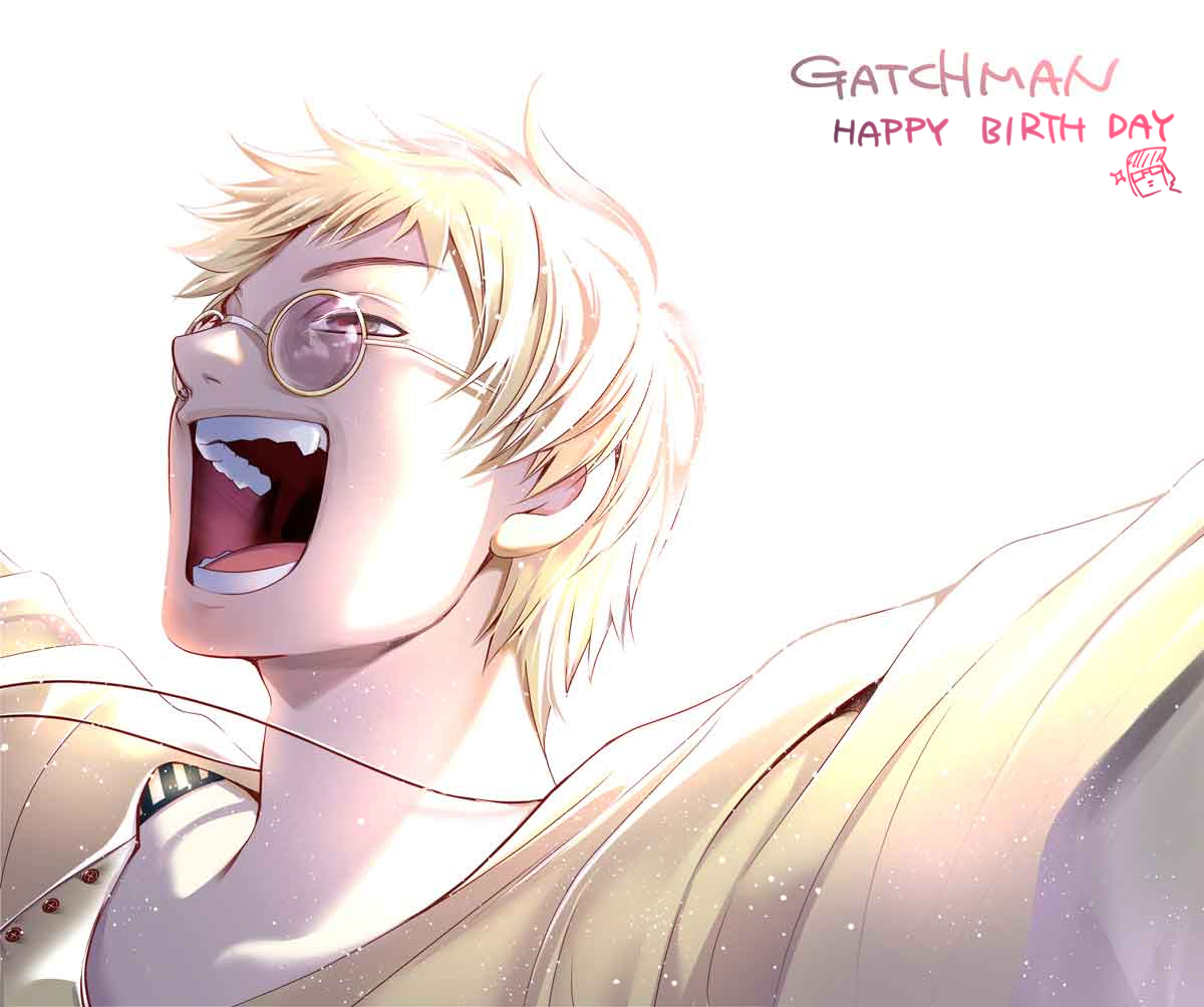 male focus 1boy solo blonde hair happy birthday open mouth glasses  illustration images